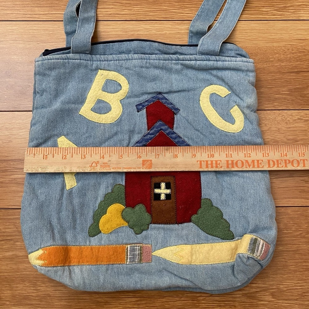 Vintage Denim Tote ABC School Bag Blue Patchwork - Picture 3 of 6